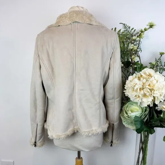 Express Faux Suede Moto Jacket Cream Shearling Collar Zip Front Large - Picture 7 of 13